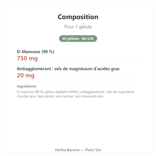 D-Mannose 750 – Be-Life – 60 gélules composition valeurs nutritionnelles Paris Herba Barona