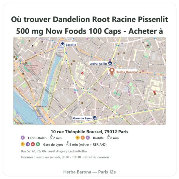 Ou trouver Dandelion Root Racine Pissenlit 500 mg Now Foods 100 Caps - Acheter a Paris - plan boutique Herba Barona Paris 12e
