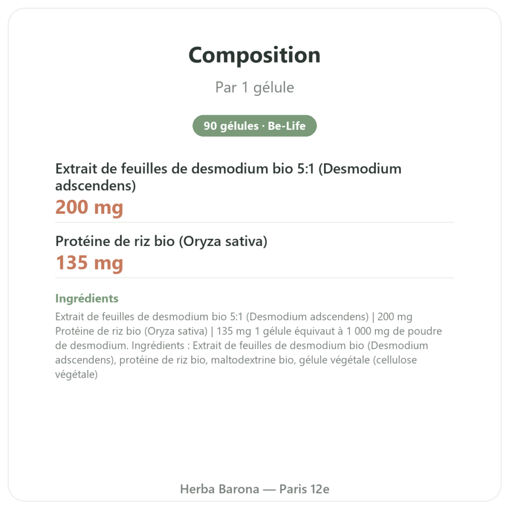 Desmodium 1000 – Be-Life – 90 gélules composition valeurs nutritionnelles Paris Herba Barona