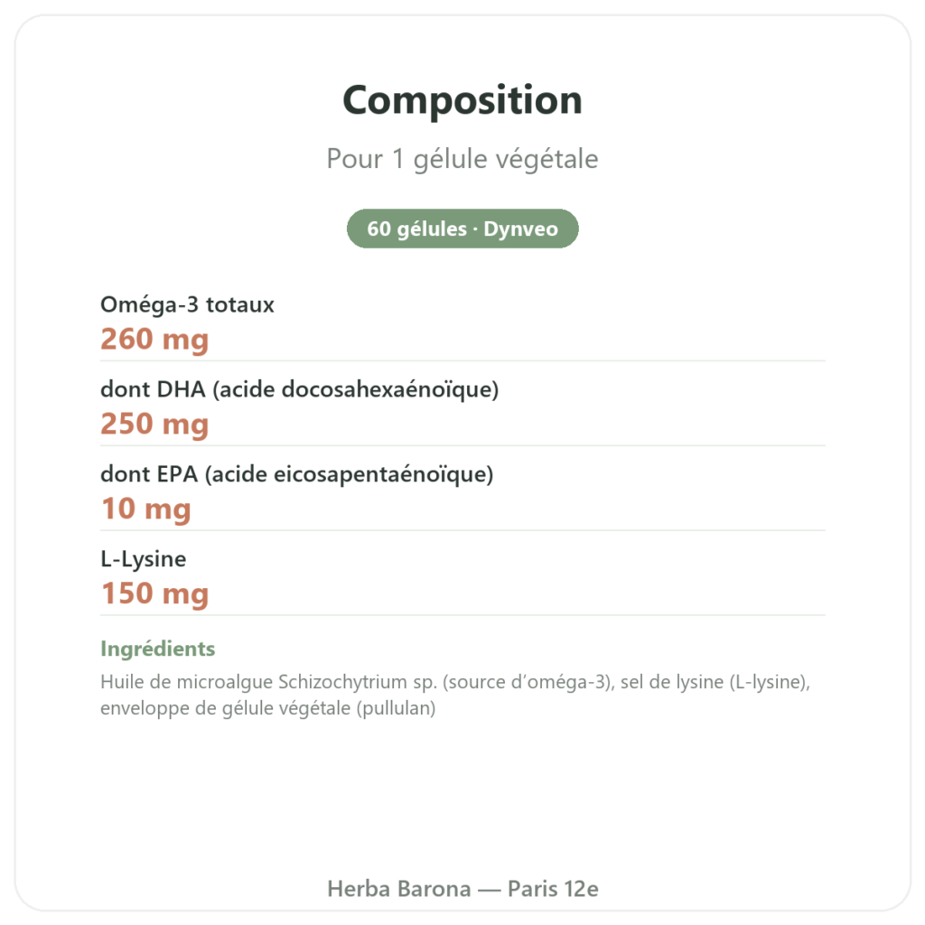 DHA végétal 250mg/ 60 gélules – Dynveo composition valeurs nutritionnelles Paris Herba Barona