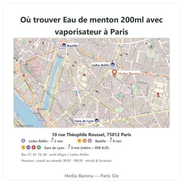 Ou trouver Eau de menton 200ml avec vaporisateur a Paris - plan boutique Herba Barona Paris 12e