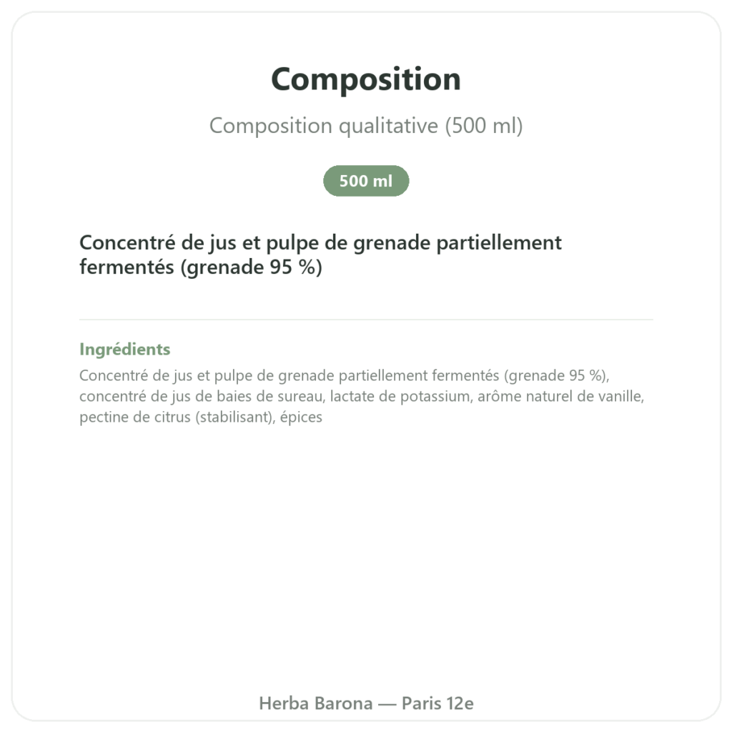 Elixir de grenade fermentée Dr Jacobs – 500 ml – Naturamedicatrix composition valeurs nutritionnelles Paris Herba Barona
