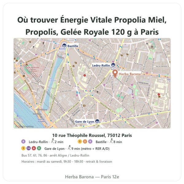 Ou trouver Énergie Vitale Propolia Miel, Propolis, Gelée Royale 120 g a Paris - plan boutique Herba Barona Paris 12e