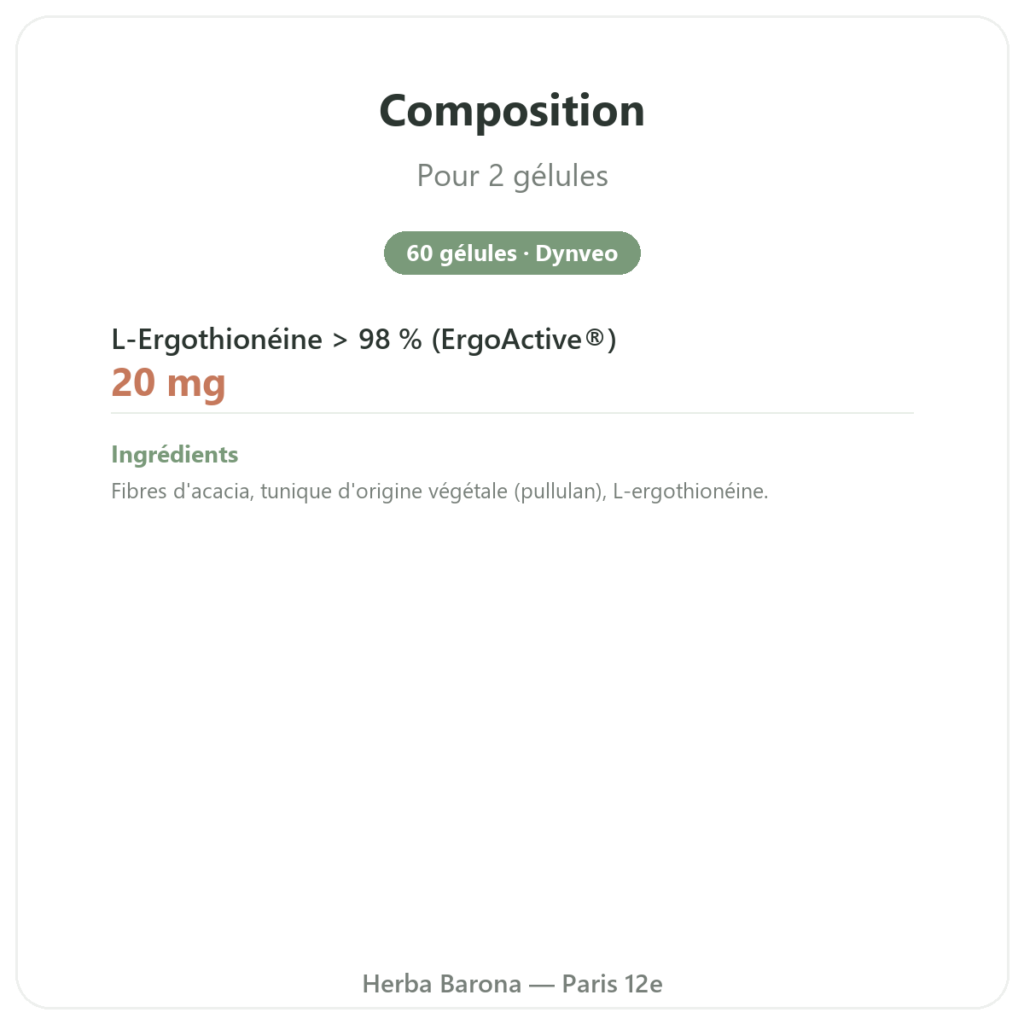 Ergothionéine pure ErgoActive – Dynveo – 60 gélules composition valeurs nutritionnelles Paris Herba Barona