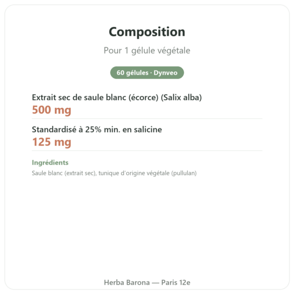 Extrait d'écorce de Saule Blanc – Dynveo – 60 gélules composition valeurs nutritionnelles Paris Herba Barona