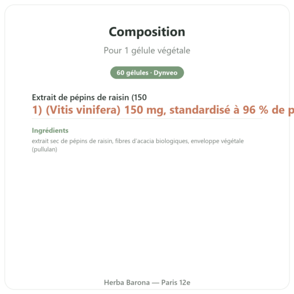 Extrait Pépins de Raisin 100 mg 60 gélules DYNVEO composition valeurs nutritionnelles Paris Herba Barona