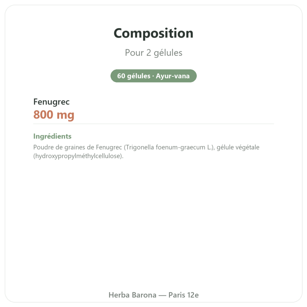 Fenugrec Bio – Ayur-vana – 60 gélules composition valeurs nutritionnelles Paris Herba Barona
