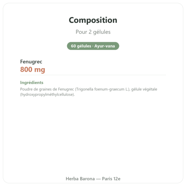 Fenugrec Bio – Ayur-vana – 60 gélules composition valeurs nutritionnelles Paris Herba Barona