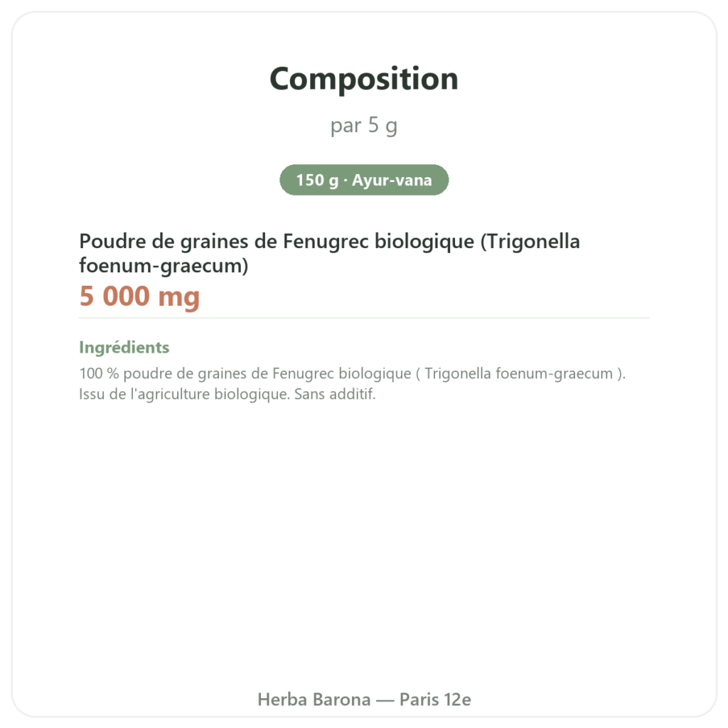 Fenugrec Bio poudre – Ayur-vana – 150 g composition valeurs nutritionnelles Paris Herba Barona