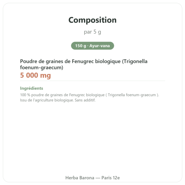 Fenugrec Bio poudre – Ayur-vana – 150 g composition valeurs nutritionnelles Paris Herba Barona