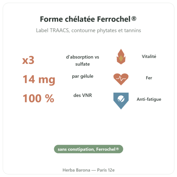 Fer Bisglycinate – dynveo – 60 gélules bienfaits et chiffres Paris Herba Barona