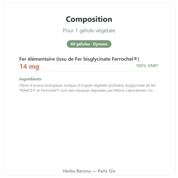 Fer Bisglycinate – dynveo – 60 gélules composition valeurs nutritionnelles Paris Herba Barona