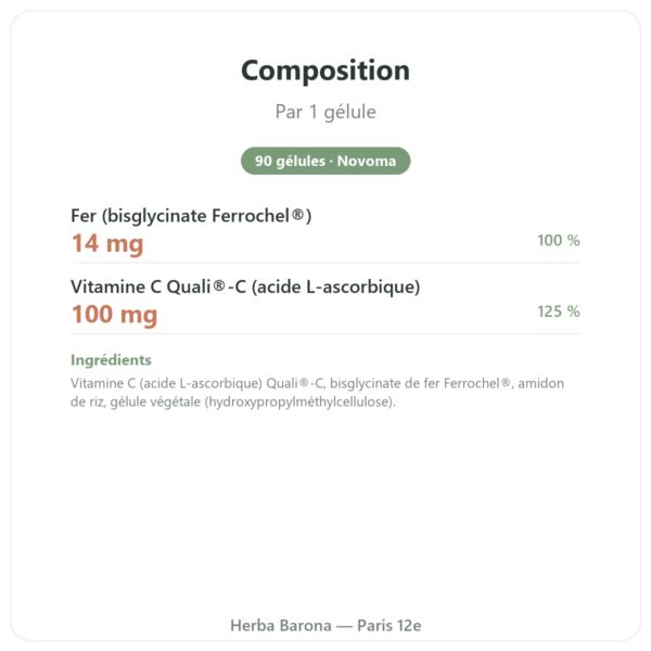 Fer Bisglycinate – Novoma – 90 gélules composition valeurs nutritionnelles Paris Herba Barona