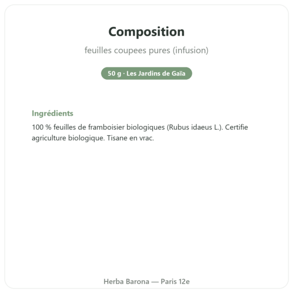 Feuilles de Framboisier Bio – Les Jardins de Gaïa – 50 g composition valeurs nutritionnelles Paris Herba Barona
