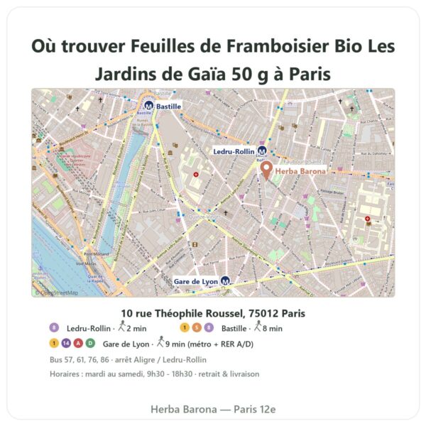 Ou trouver Feuilles de Framboisier Bio Les Jardins de Gaïa 50 g a Paris - plan boutique Herba Barona Paris 12e