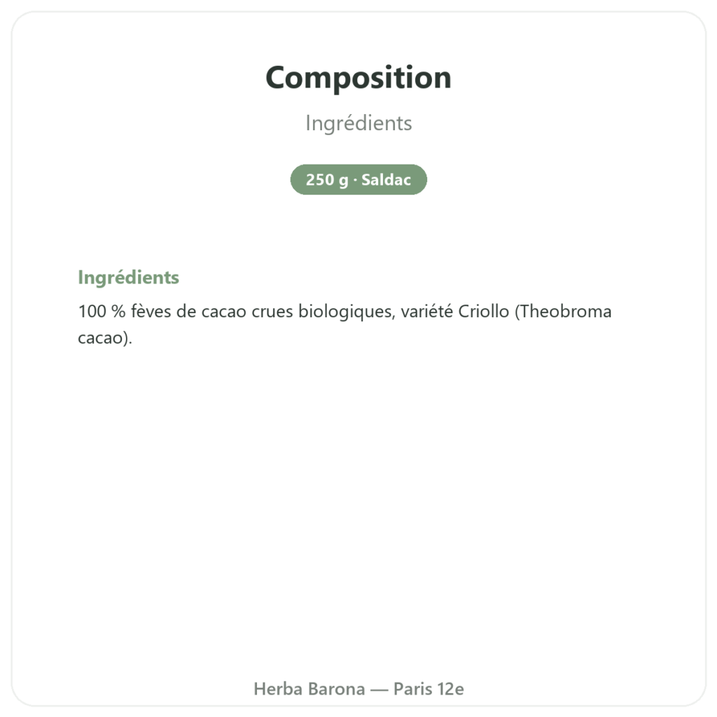 Fèves de cacao crues, bio variété criollo 250 g – Saldac composition valeurs nutritionnelles Paris Herba Barona