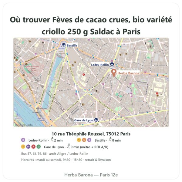 Ou trouver Fèves de cacao crues, bio variété criollo 250 g Saldac a Paris - plan boutique Herba Barona Paris 12e