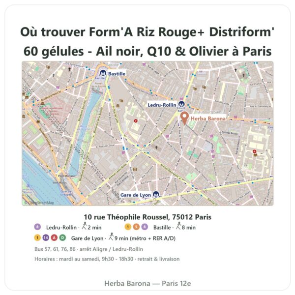 Ou trouver Form'A Riz Rouge+ Distriform' 60 gélules - Ail noir, Q10 & Olivier a Paris - plan boutique Herba Barona Paris 12e