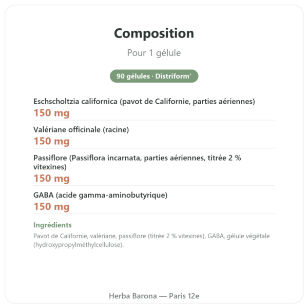Form'a Sommeil – Distriform' – 90 gélules composition valeurs nutritionnelles Paris Herba Barona
