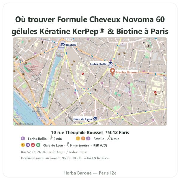 Ou trouver Formule Cheveux Novoma 60 gélules Kératine KerPep® & Biotine a Paris - plan boutique Herba Barona Paris 12e