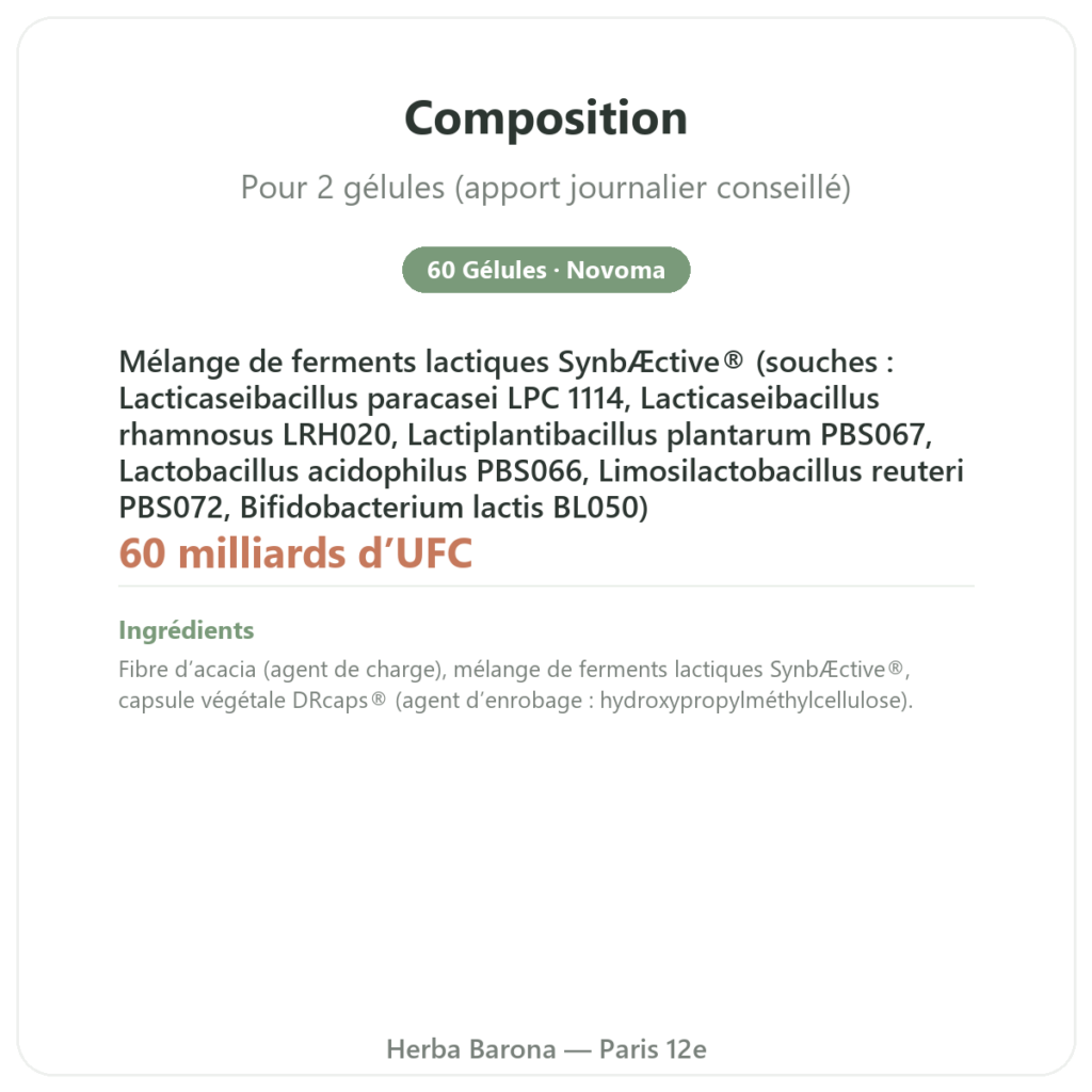 Formule Probio – Novoma – 60 Gélules composition valeurs nutritionnelles Paris Herba Barona