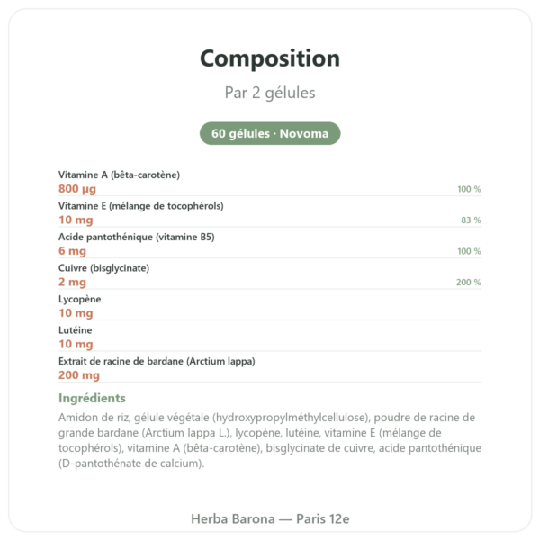 Formule Soleil – Novoma – 60 gélules composition valeurs nutritionnelles Paris Herba Barona