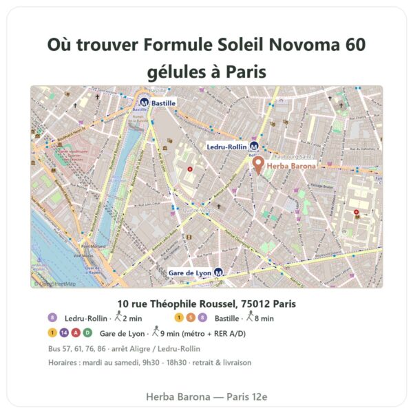 Ou trouver Formule Soleil Novoma 60 gélules a Paris - plan boutique Herba Barona Paris 12e
