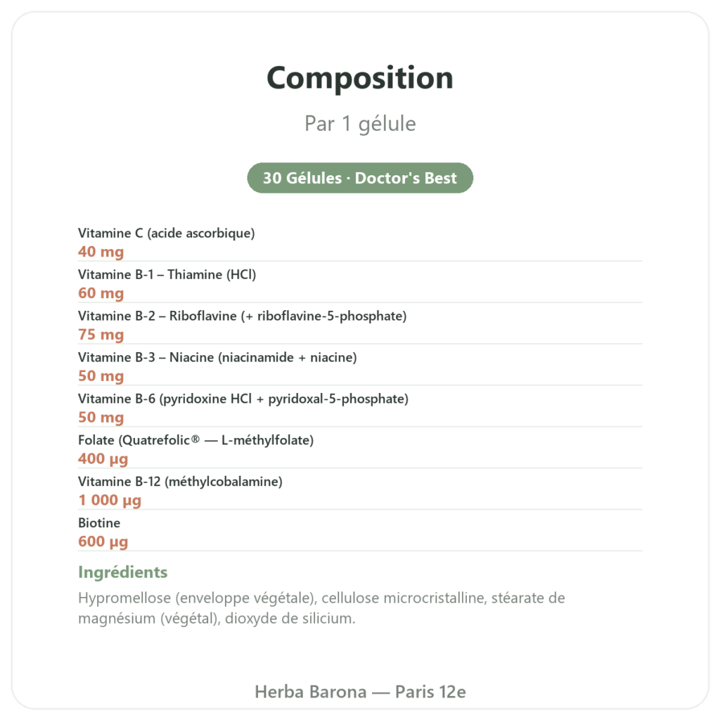Fully Active B Complex Quatrefolic 30 Gélules Doctor's Best - Acheter composition valeurs nutritionnelles Paris Herba Barona