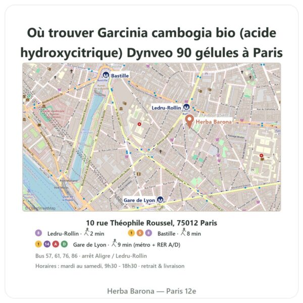 Ou trouver Garcinia cambogia bio (acide hydroxycitrique) Dynveo 90 gélules a Paris - plan boutique Herba Barona Paris 12e