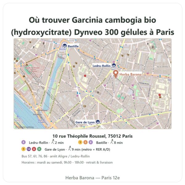 Ou trouver Garcinia cambogia bio (hydroxycitrate) Dynveo 300 gélules a Paris - plan boutique Herba Barona Paris 12e