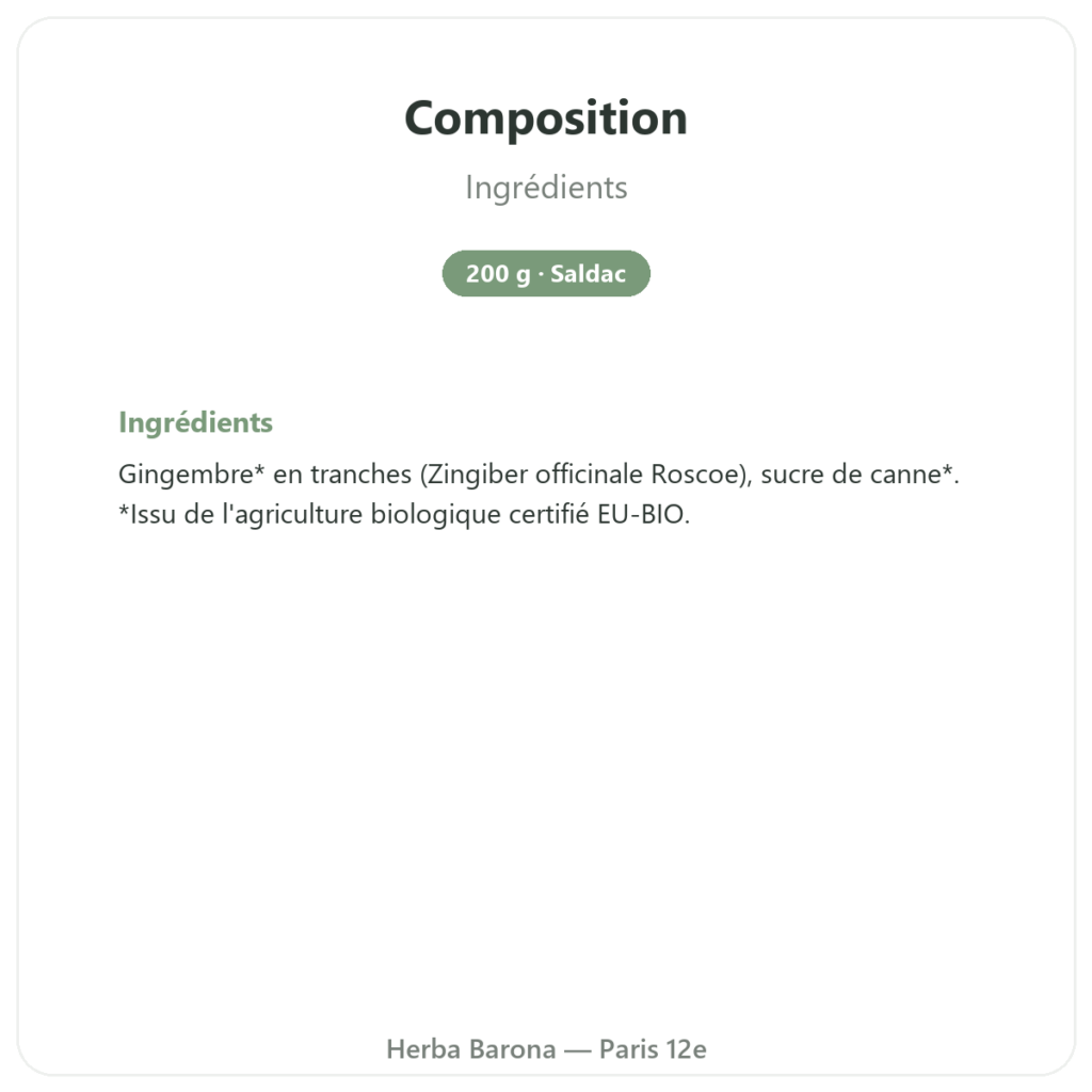 Gingembre confit BIO 200 g SALDAC composition valeurs nutritionnelles Paris Herba Barona