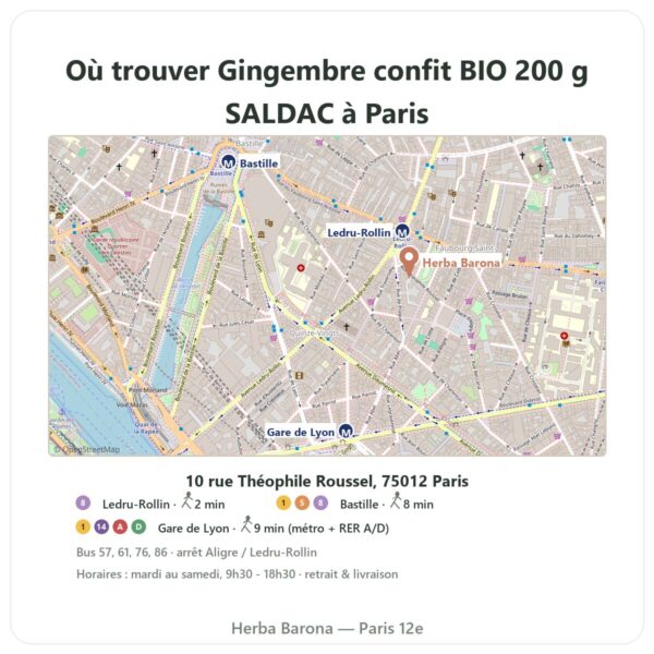 Ou trouver Gingembre confit BIO 200 g SALDAC a Paris - plan boutique Herba Barona Paris 12e