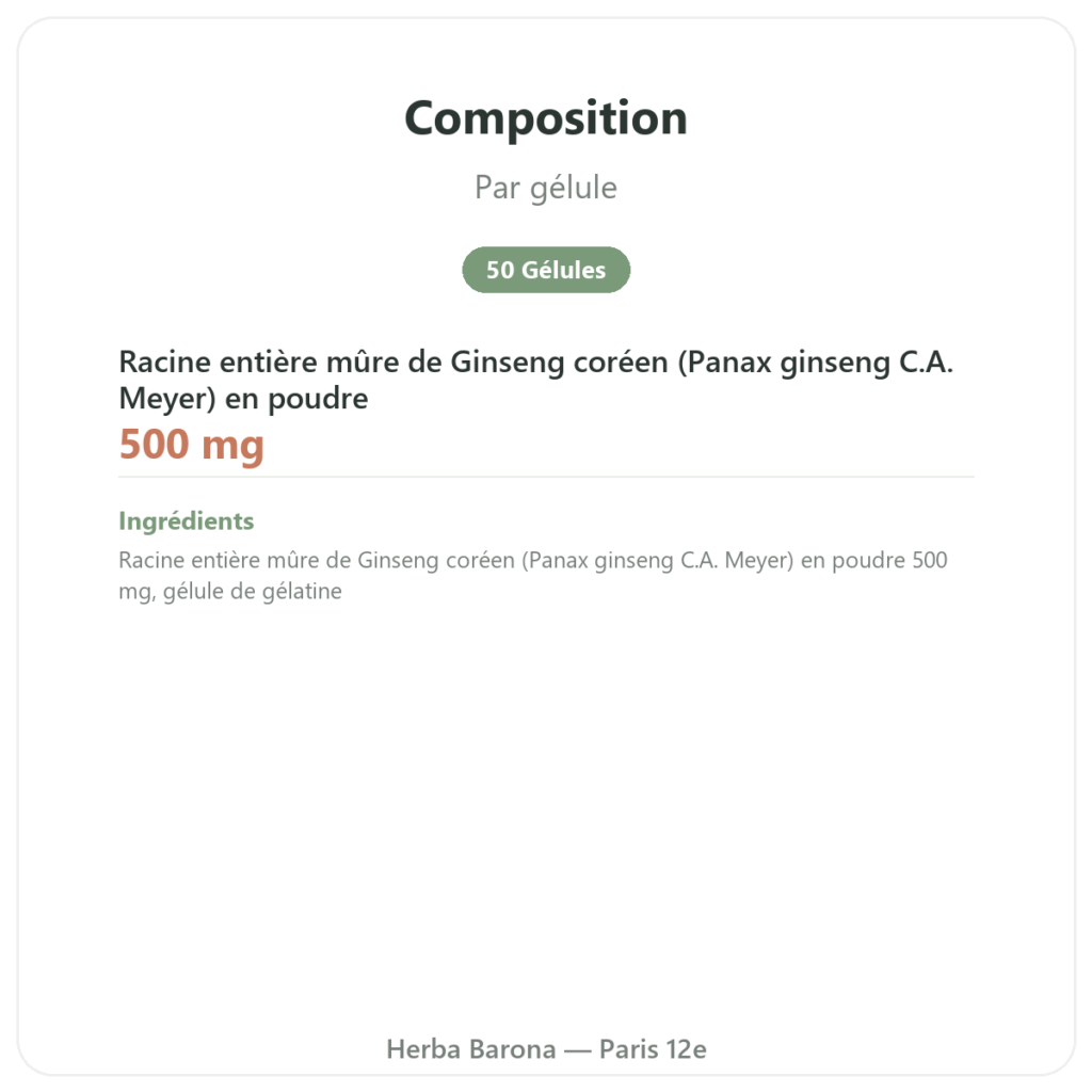 Ginseng Coréen 50 Gélules 500mg IL HWA Corée - Adaptogène composition valeurs nutritionnelles Paris Herba Barona