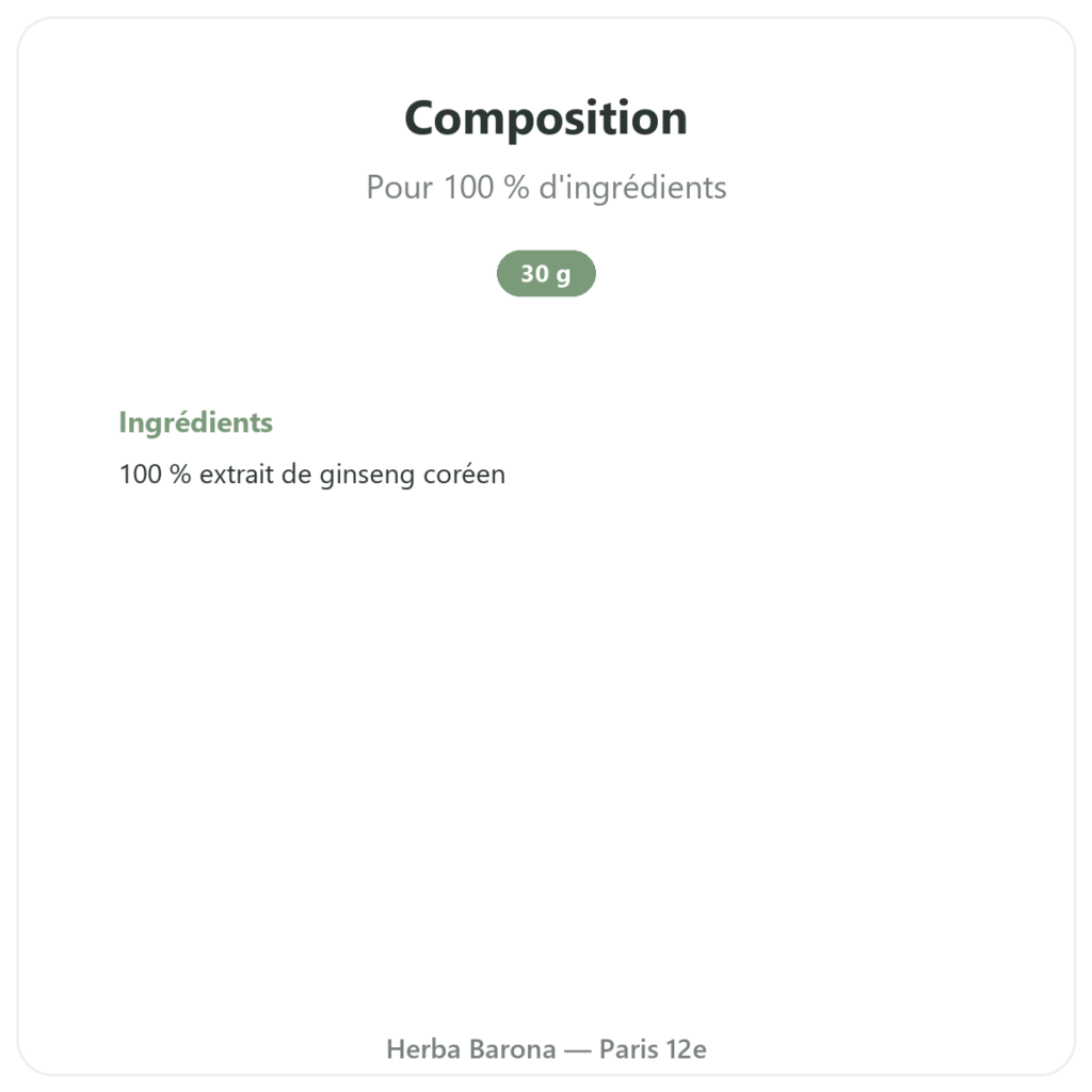 Ginseng de Corée en pâte Extrait coréen pur iL HWA – pot de 30 g composition valeurs nutritionnelles Paris Herba Barona