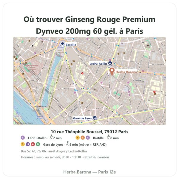 Ou trouver Ginseng Rouge Premium Dynveo 200mg 60 gél. a Paris - plan boutique Herba Barona Paris 12e