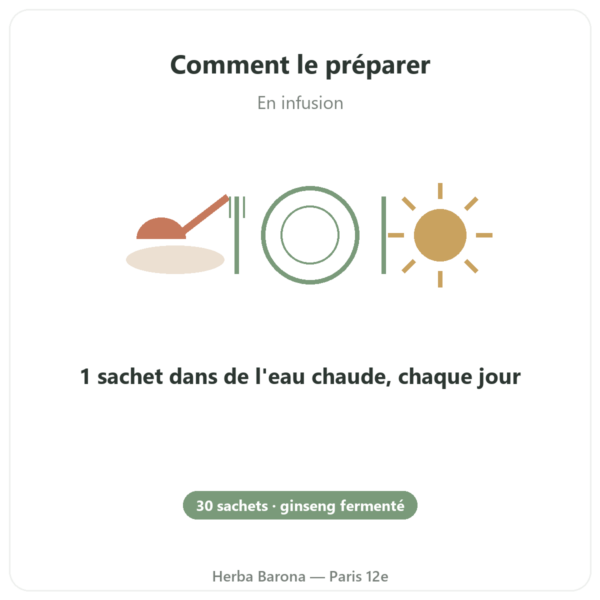 Ginst15 : le Ginseng Thé fermenté IL HWA 30 sachets mode emploi conseil de prise Paris Herba Barona