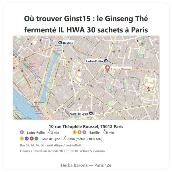 Ou trouver Ginst15 : le Ginseng Thé fermenté IL HWA 30 sachets a Paris - plan boutique Herba Barona Paris 12e