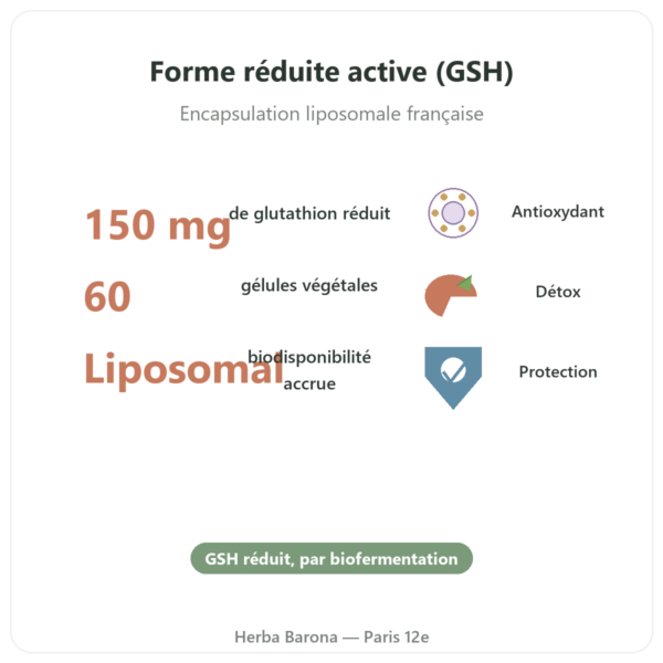 Glutathion liposomal – Dynveo – 150 mg – 60 gélules bienfaits et chiffres Paris Herba Barona