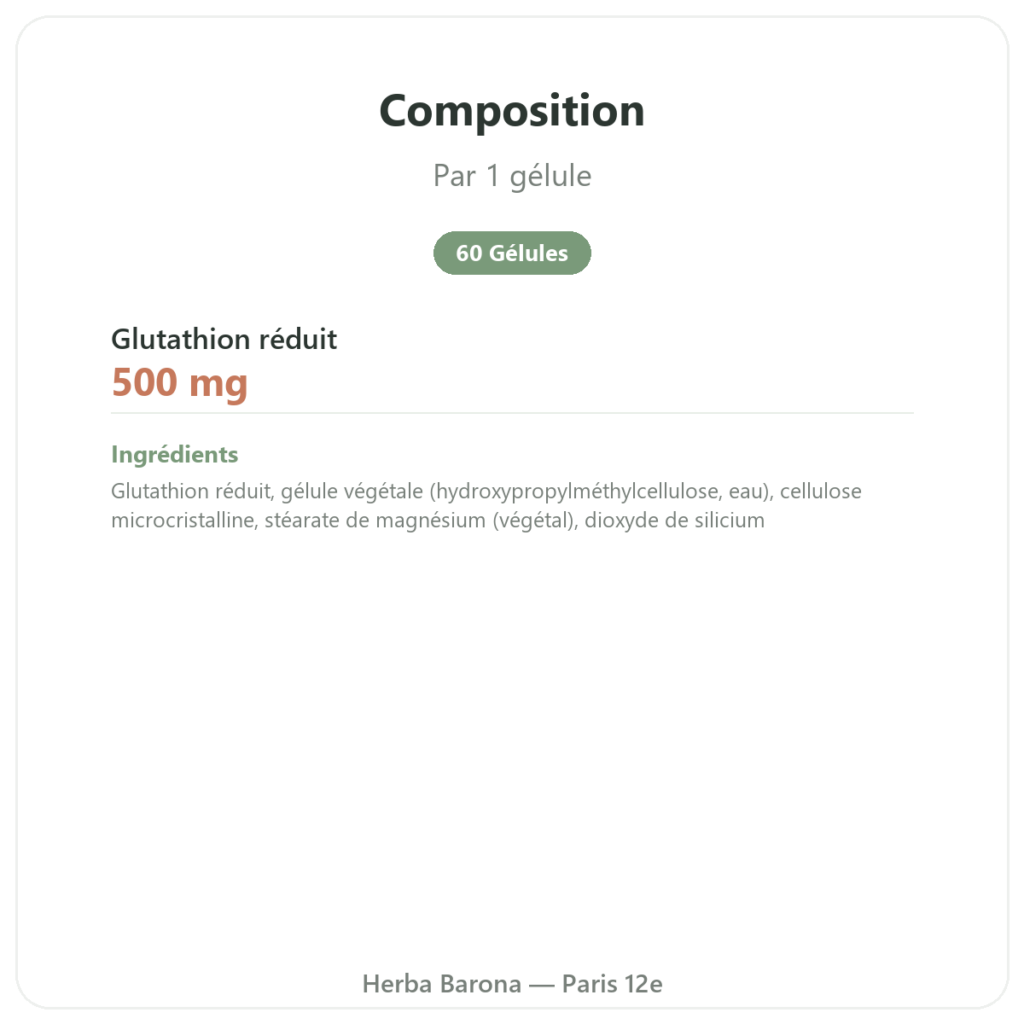 Glutathion Reduit 500mg 60 Gélules Jarrow Formulas – Acheter composition valeurs nutritionnelles Paris Herba Barona