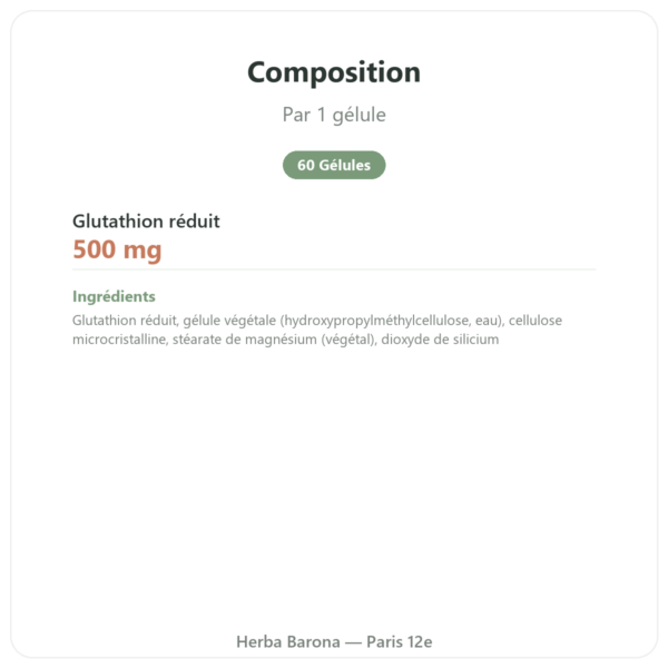 Glutathion Reduit 500mg 60 Gélules Jarrow Formulas – Acheter composition valeurs nutritionnelles Paris Herba Barona