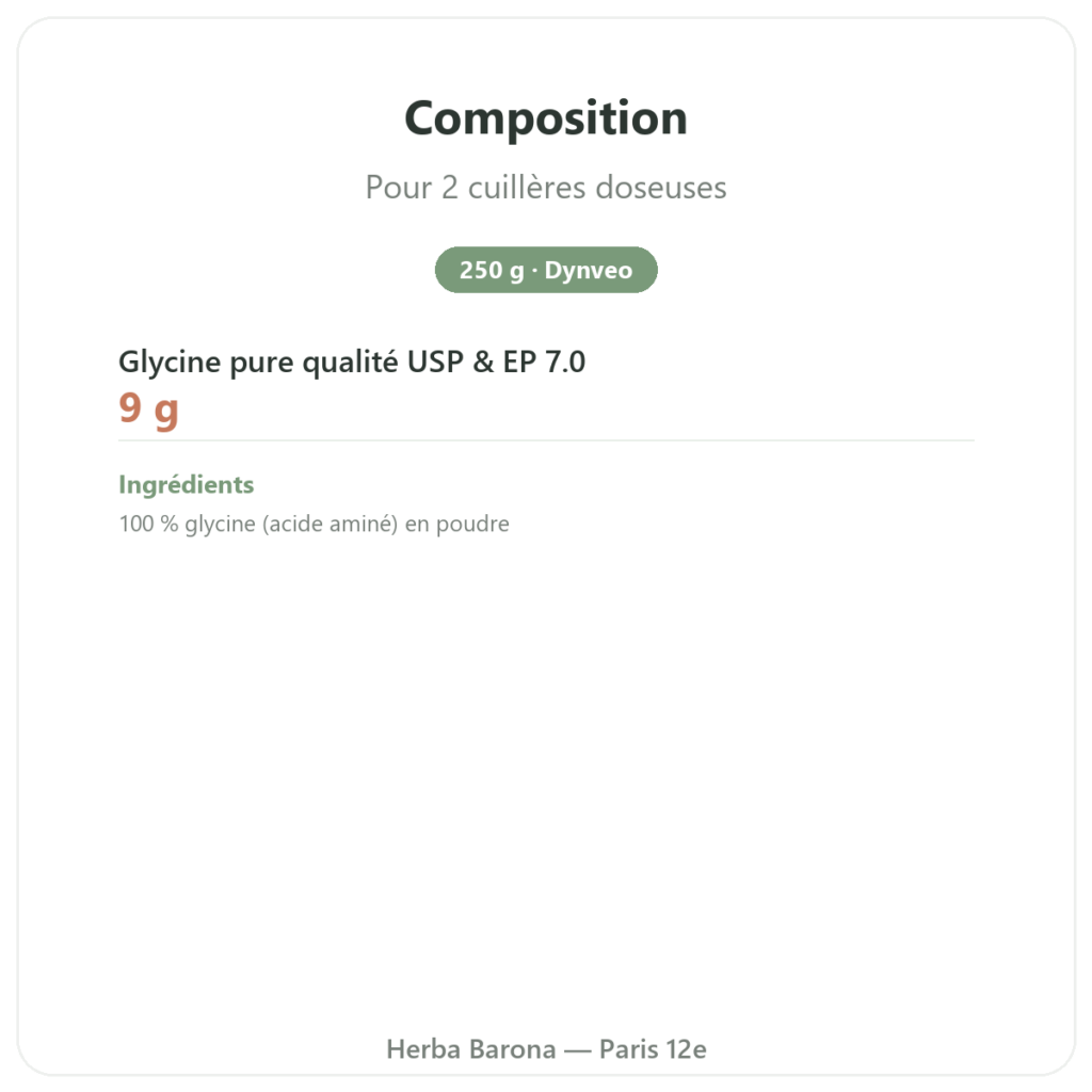Glycine acide aminé en poudre pure 250 g – Dynveo composition valeurs nutritionnelles Paris Herba Barona