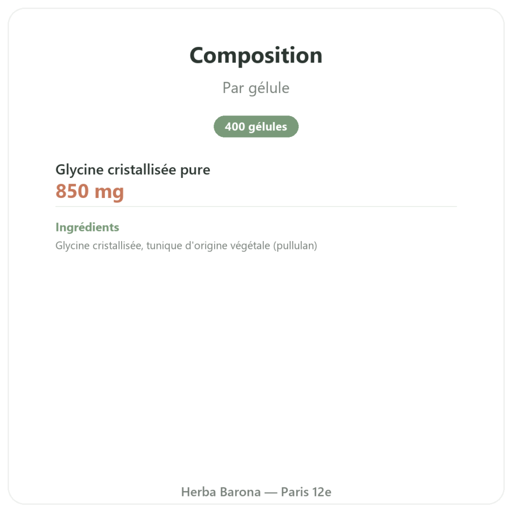 Glycine Cristallisée Nutrielement 400 gélules - Sommeil et récupération composition valeurs nutritionnelles Paris Herba Barona