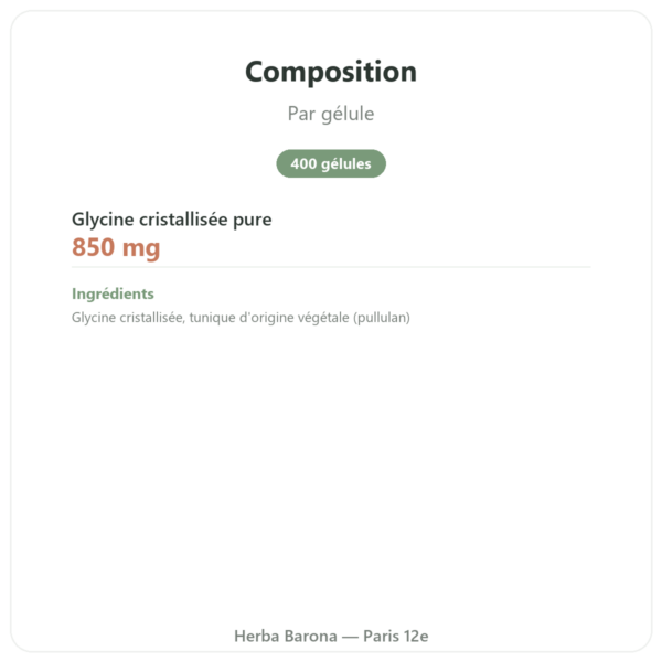 Glycine Cristallisée Nutrielement 400 gélules - Sommeil et récupération composition valeurs nutritionnelles Paris Herba Barona