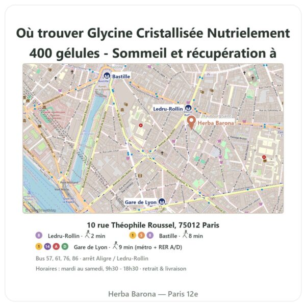 Ou trouver Glycine Cristallisée Nutrielement 400 gélules - Sommeil et récupération a Paris - plan boutique Herba Barona Paris 12e