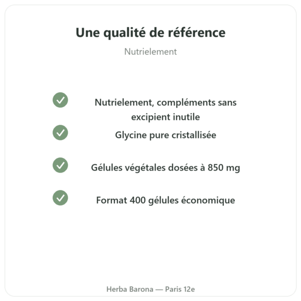 Glycine Cristallisée Nutrielement 400 gélules - Sommeil et récupération qualite Paris Herba Barona