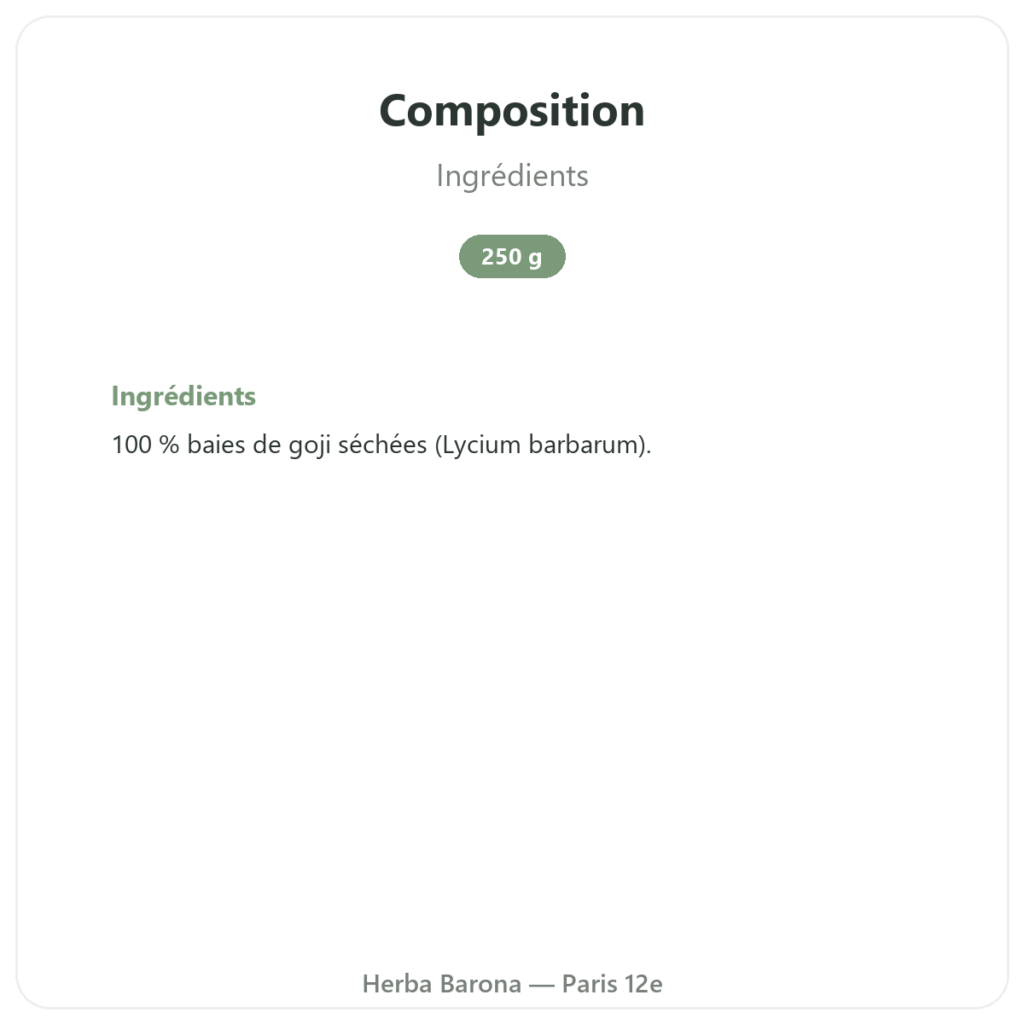 Goji du Tibet – 1 X 250 g composition valeurs nutritionnelles Paris Herba Barona