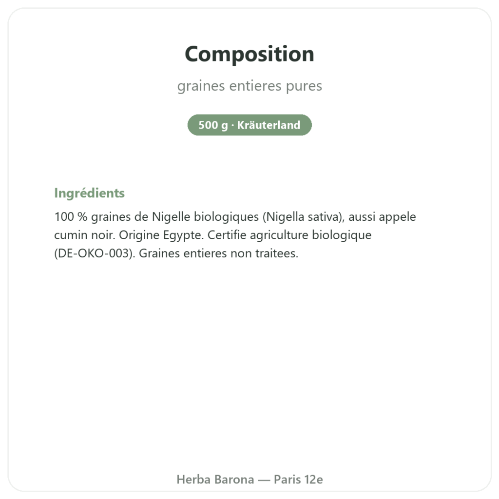 Graines de Nigelle Bio – Kräuterland – 500 g composition valeurs nutritionnelles Paris Herba Barona