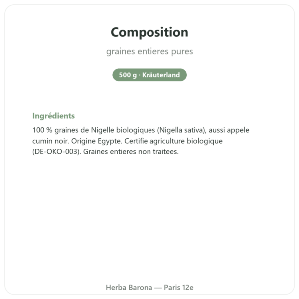 Graines de Nigelle Bio – Kräuterland – 500 g composition valeurs nutritionnelles Paris Herba Barona