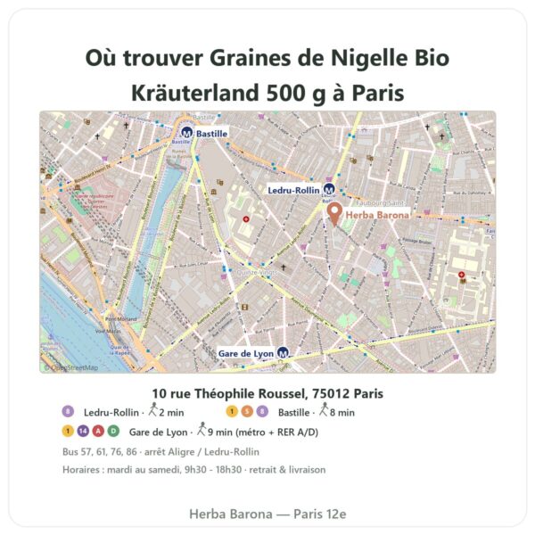 Ou trouver Graines de Nigelle Bio Kräuterland 500 g a Paris - plan boutique Herba Barona Paris 12e