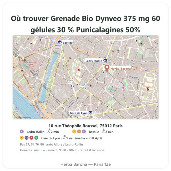 Ou trouver Grenade Bio Dynveo 375 mg 60 gélules 30 % Punicalagines 50% Polyphénols a Paris - plan boutique Herba Barona Paris 12e